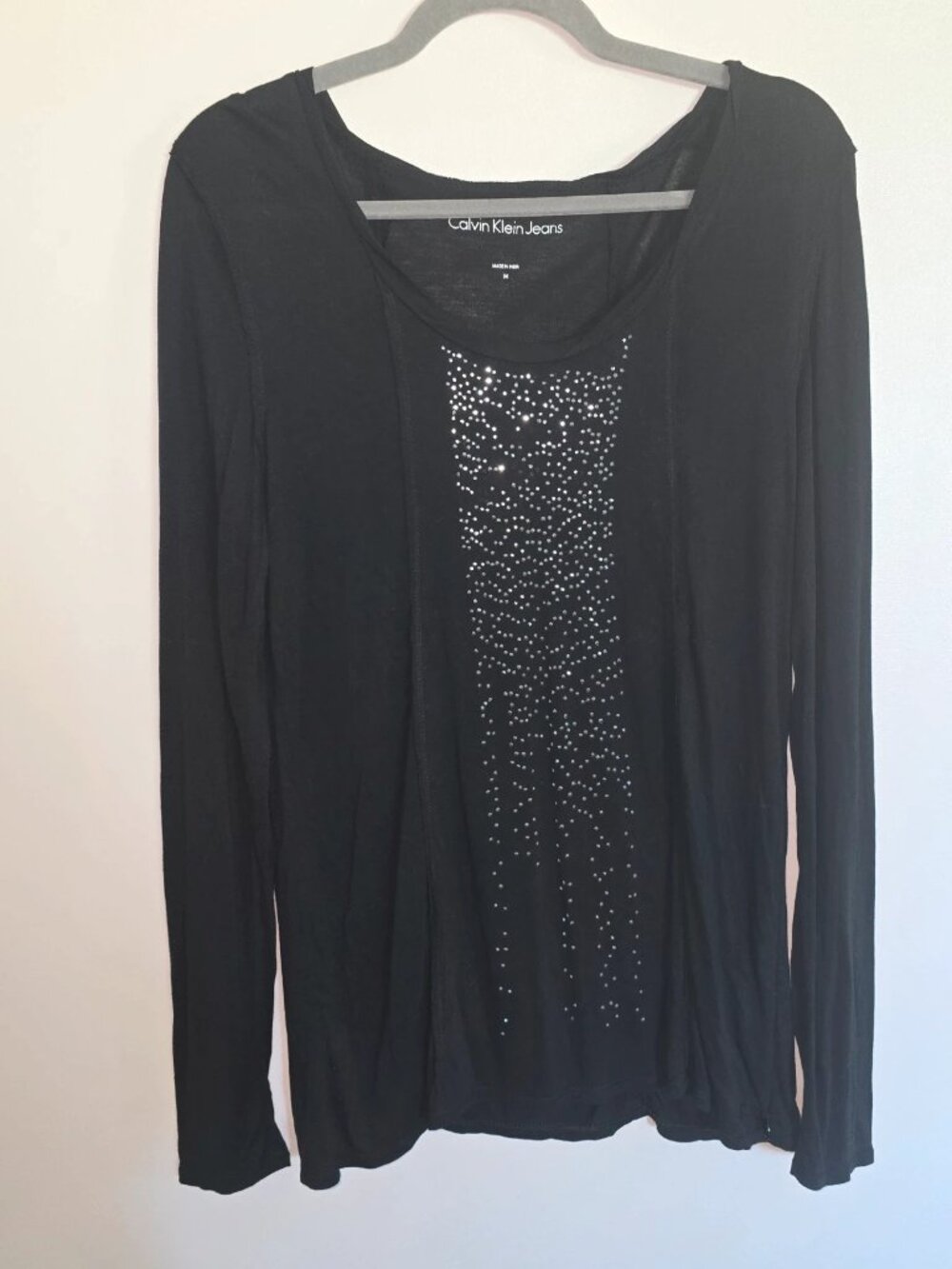 Calvin Klein long sleeve scoop neck silver rhinestone embellishment black top